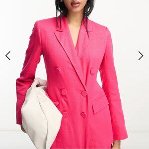 ASOS DESIGN double breasted suit blazer with linen in hot pink New